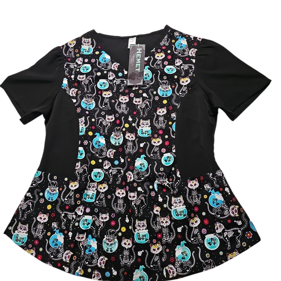 Hemet Tops - HEMET Black Cat Print Short Sleeve Women's Top